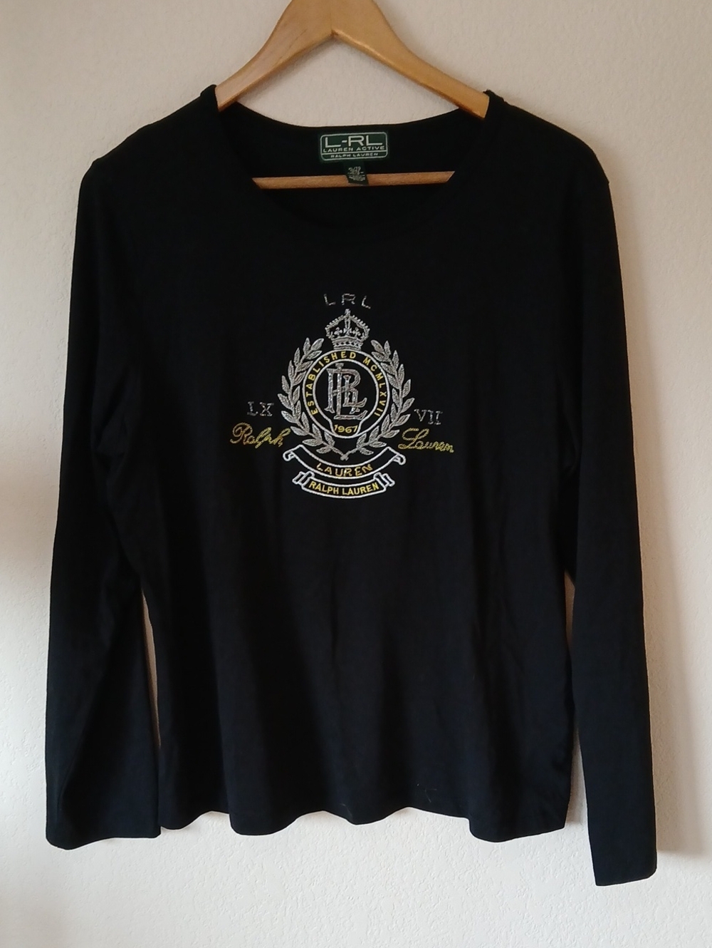 Ralph Lauren Active Black Long Sleeve Beaded Logo Silver Sparkle Thread
